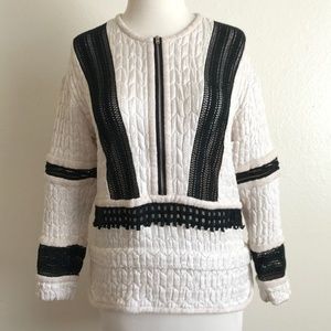 IRO Cream Black Trim Quilted Pullover Sweater Top With Zipper Front FR 38